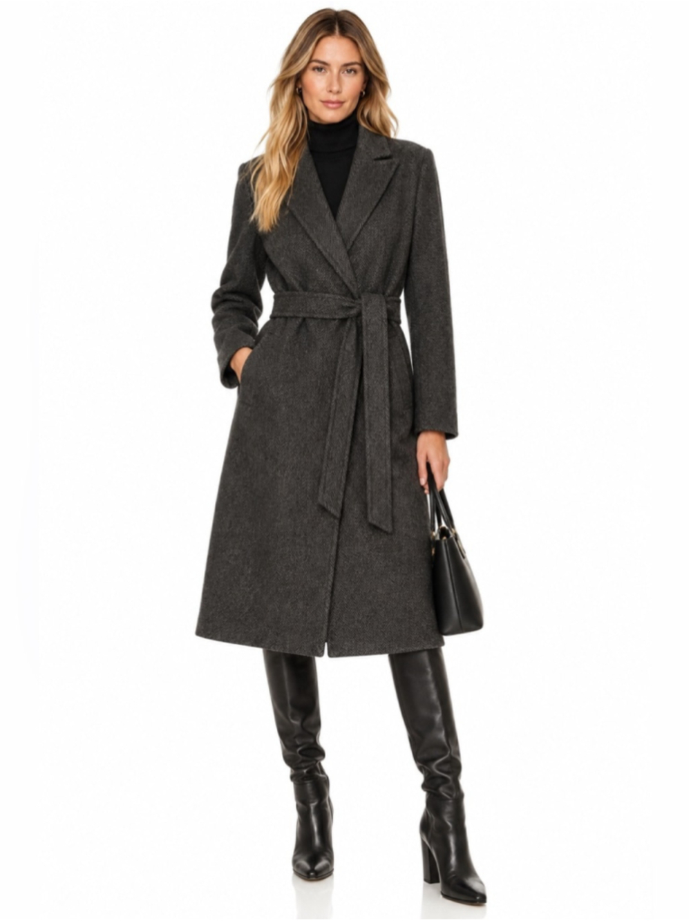Polo Ralph Lauren Wool Herringbone Belted Wrap Coat Charcoal Grey Size 2